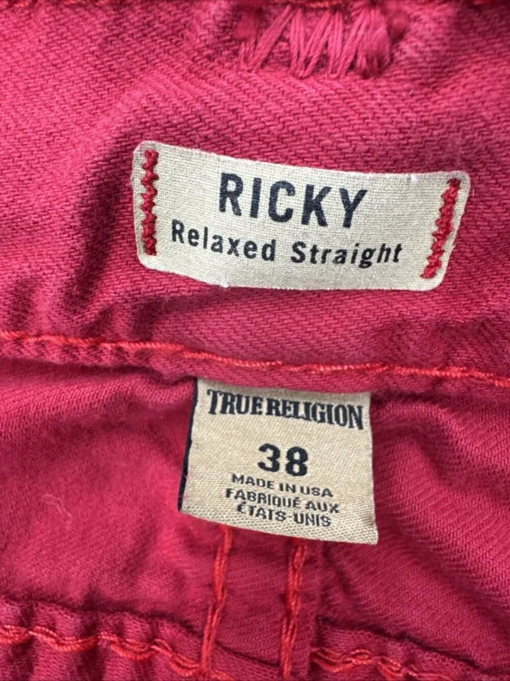True Religion Red Jeans Mens 38x34 Ricky Relaxed Denim Thick Stitch SuperT Flap